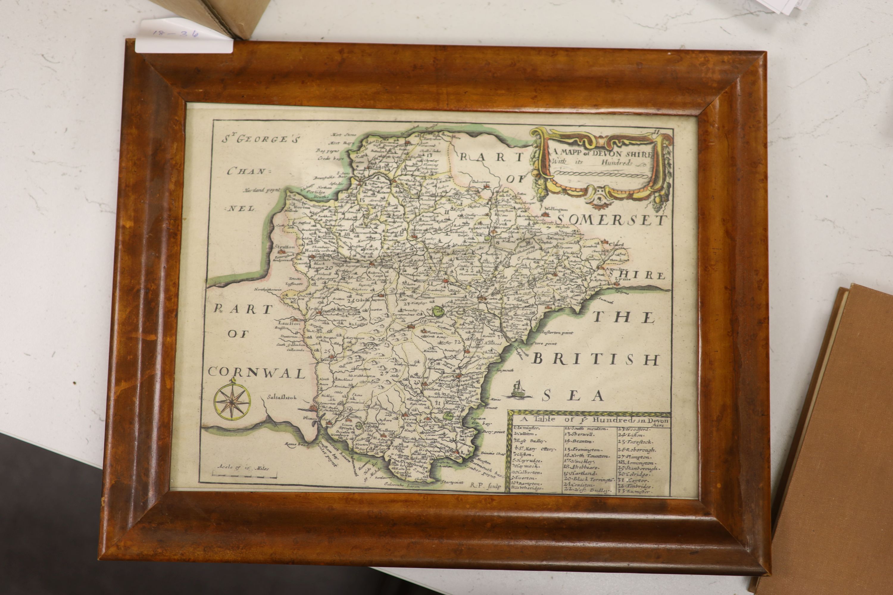 RP, coloured engraving, A Mapp of Devonshire, with its Hundreds, 19 x 26cm